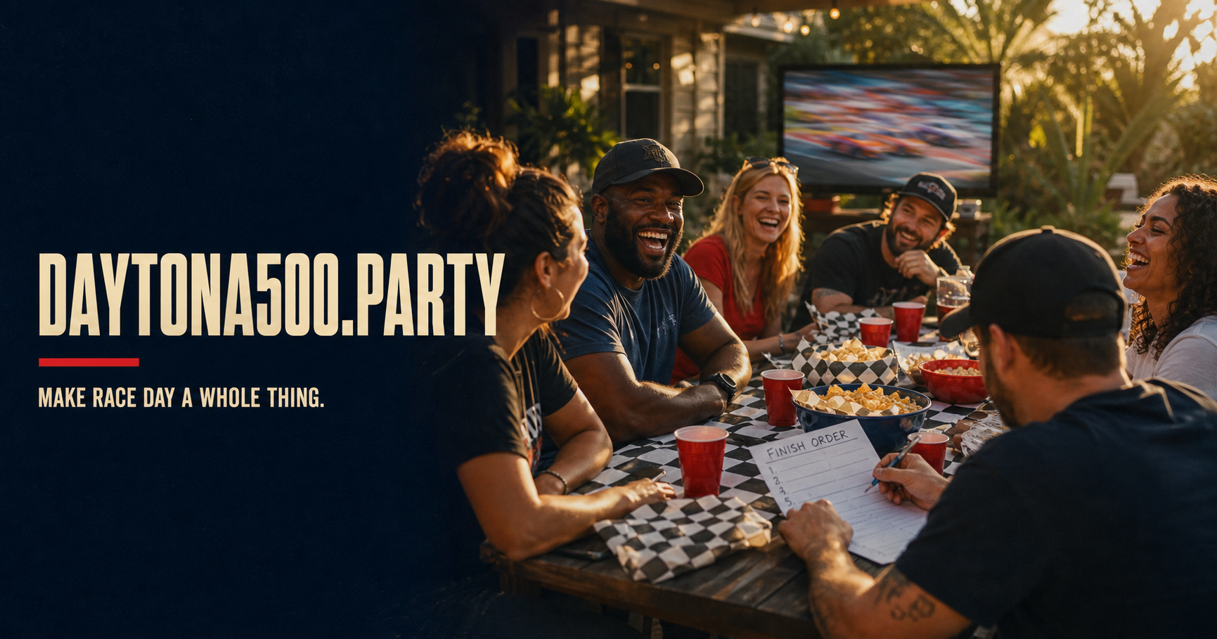Friends laughing around a checkered table at a backyard race watch party